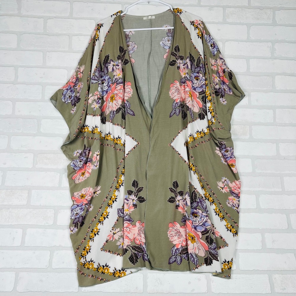 Maurices Sage Green Floral Open Front Kimono Wrap L/XL Rayon Boho Cardigan
